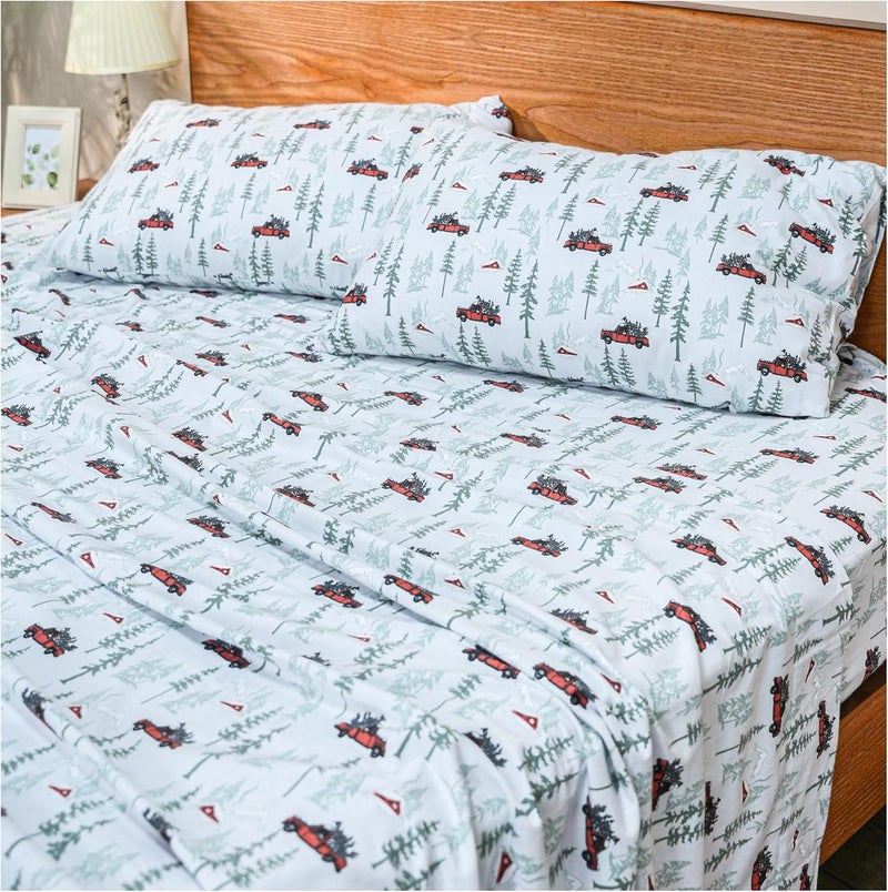 RUVANTI Flannel Sheets Queen Size - GOTS Certified 100% Organic Cotton, 4 Piece Warm, Soft & Breathable Set, Deep Pocket Snug Fit, Double Brushed Cozy All Season Bedding, Merry Miles - Image 1