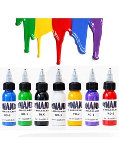 Dynamic Tattoo Ink Set, 7 bottle Tattoo Ink 29.6ml/Bottle for 3D Makeup Beauty Skin Body Art, Tattoo Ink Pigment Set for Professionals and Beginners (Baby blue, grass green, black, white, golden yellow, purple, bright red)  - Image 1