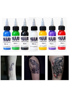 Dynamic Tattoo Ink Set, 7 bottle Tattoo Ink 29.6ml/Bottle for 3D Makeup Beauty Skin Body Art, Tattoo Ink Pigment Set for Professionals and Beginners (Baby blue, grass green, black, white, golden yellow, purple, bright red)  - Image 2
