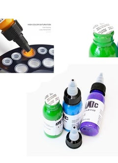 Dynamic Tattoo Ink Set, 7 bottle Tattoo Ink 29.6ml/Bottle for 3D Makeup Beauty Skin Body Art, Tattoo Ink Pigment Set for Professionals and Beginners (Baby blue, grass green, black, white, golden yellow, purple, bright red)  - Image 3