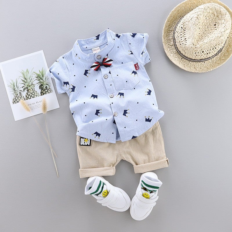 Childrens Clothing Summer Short-sleeved Shirt suit Western Style Handsome Mens Baby Summer Wear Thin Two-piece Set Baby Childrens Clothes Children Light blue
