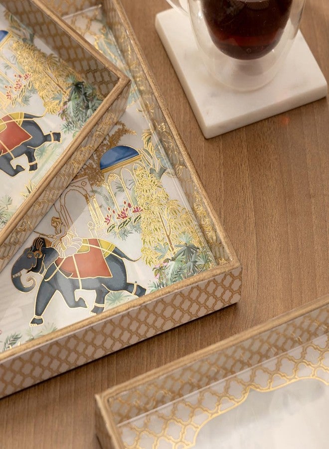 DULI Set of 3 MDF Wood Trays Enamel Coated| Square Trays Set of 3 | Serving Trays | Wooden Tray | Kitchen&Dining Decorative | Resin Tray | 10x10, 9x9, 8x8 inches (SmSetof3Sq-ElephantTree) - Image 2