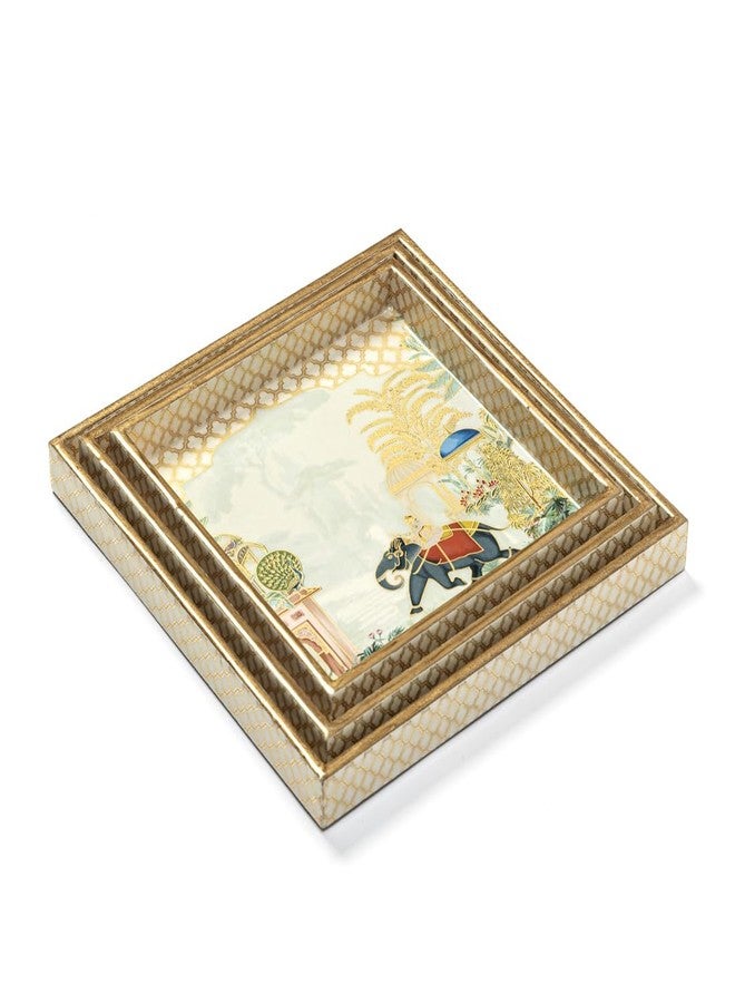 DULI Set of 3 MDF Wood Trays Enamel Coated| Square Trays Set of 3 | Serving Trays | Wooden Tray | Kitchen&Dining Decorative | Resin Tray | 10x10, 9x9, 8x8 inches (SmSetof3Sq-ElephantTree) - Image 3