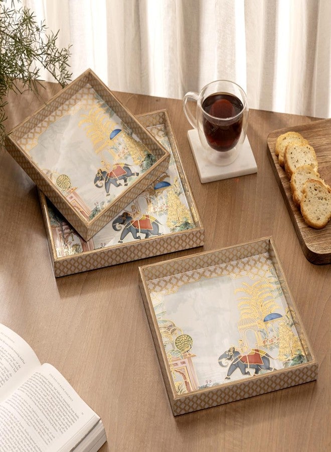 DULI Set of 3 MDF Wood Trays Enamel Coated| Square Trays Set of 3 | Serving Trays | Wooden Tray | Kitchen&Dining Decorative | Resin Tray | 10x10, 9x9, 8x8 inches (SmSetof3Sq-ElephantTree) - Image 1