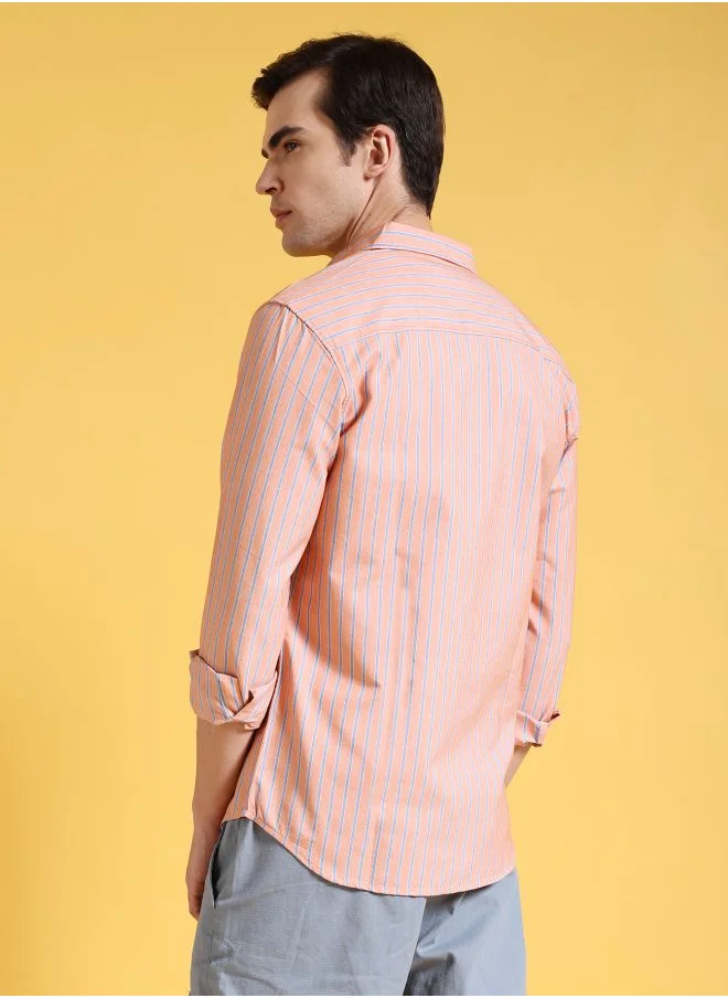 شركة المرآب الهندية Men Slim Fit Striped Full Sleeves Cutaway Collar Casual Shirt