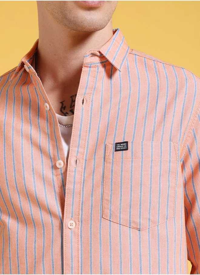 شركة المرآب الهندية Men Slim Fit Striped Full Sleeves Cutaway Collar Casual Shirt