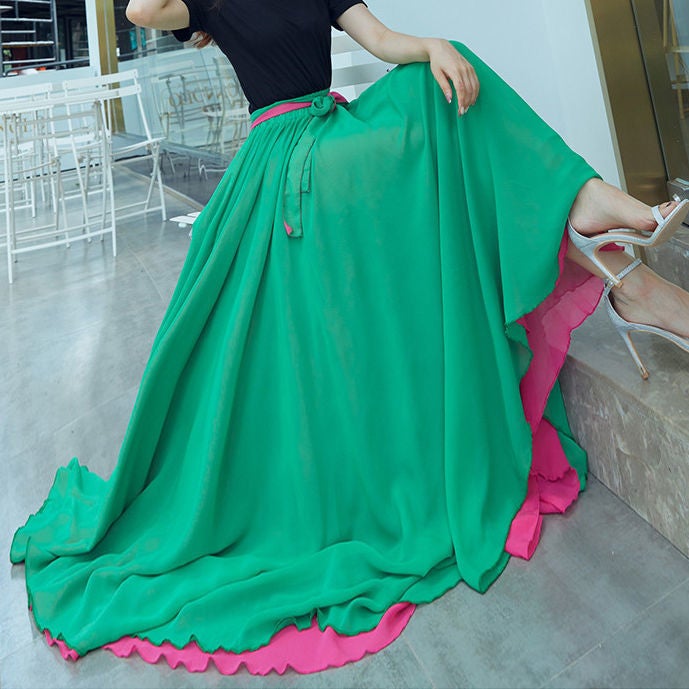 720 Double-sided Half-length Dress Chiffon Long Dress Xinjiang Dance Red Dress Positive and Reverse Dancing Long Dress Large Swing Dress Green + rose red [720 degrees/reversible]
