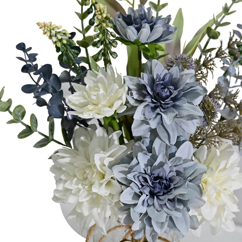 NAWEIDA Artificial Flowers with Vase, Faux Dahlia Flower Arrangement in Glass Vase, Blue and White Silk Flowers with Eucalyptus for Home Office Kitchen Dining Table Centerpiece Decor - Image 3
