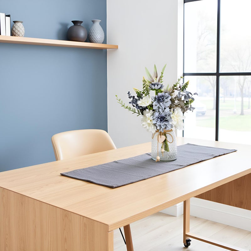 NAWEIDA Artificial Flowers with Vase, Faux Dahlia Flower Arrangement in Glass Vase, Blue and White Silk Flowers with Eucalyptus for Home Office Kitchen Dining Table Centerpiece Decor - Image 4
