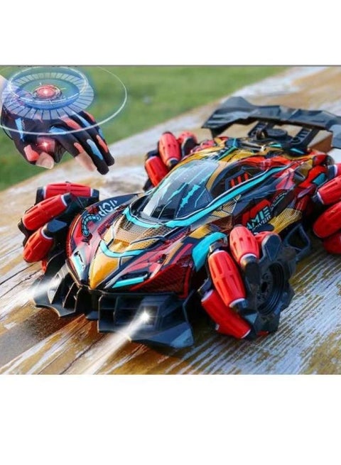 A wireless toy stunt car with a remote control glove for easy control of the car, lighting effect, water spray, and smoke effects for entertainment with friends