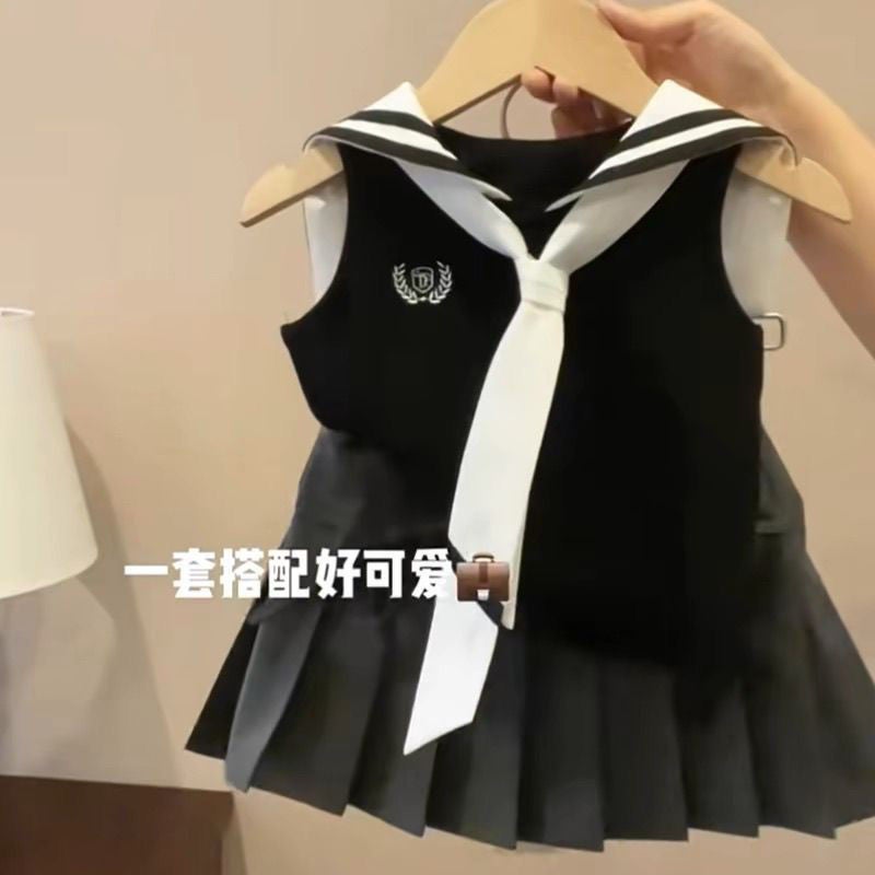 Girls Pleated Skirt Two-piece Set 2025 New Baby Girl Naval Academy Bow Top Children Spring suit Two-piece set 