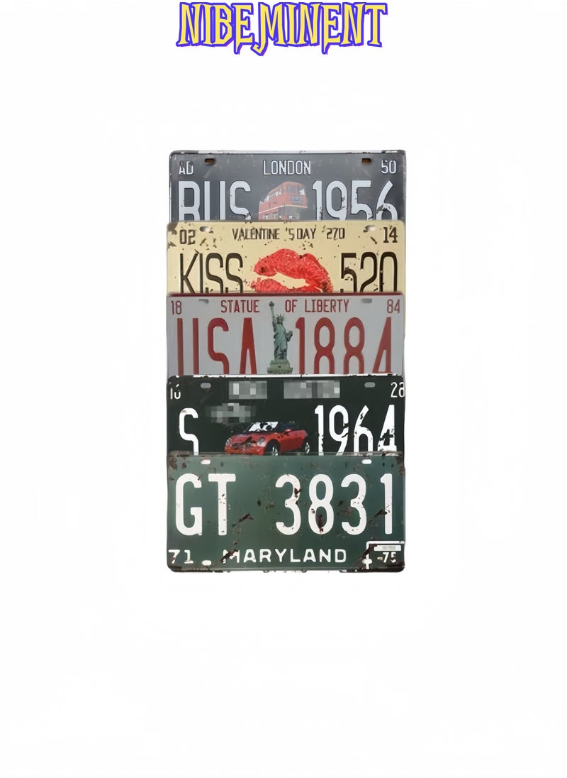 NIBEMINENT 5 Pieces Assorted Retro Vintage Car Number Tags, Embossed Prop License Plates, Home Wall Automobile Bar Garage Man Cave DIY Decoration, 6x12 inch  - Image 1