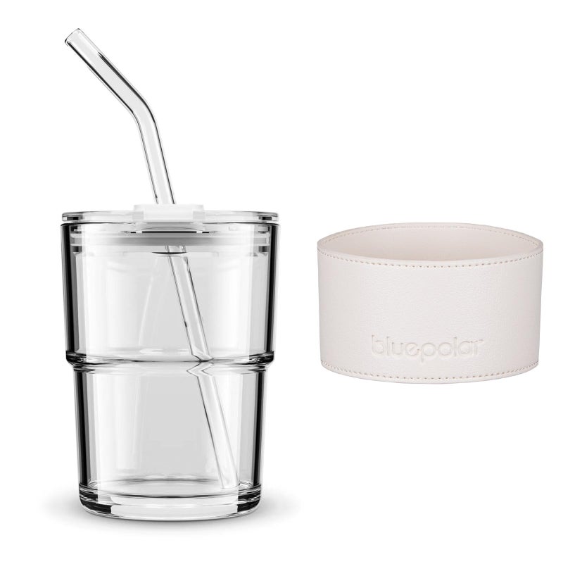 BLUEPOLAR 13 oz Tumbler Water Glass, Water Bottle with Straw and Dustproof Lid, Coffee Ice Cup Double Wall Insulated Glass Cup (White with Protect Sleeve) - Image 1