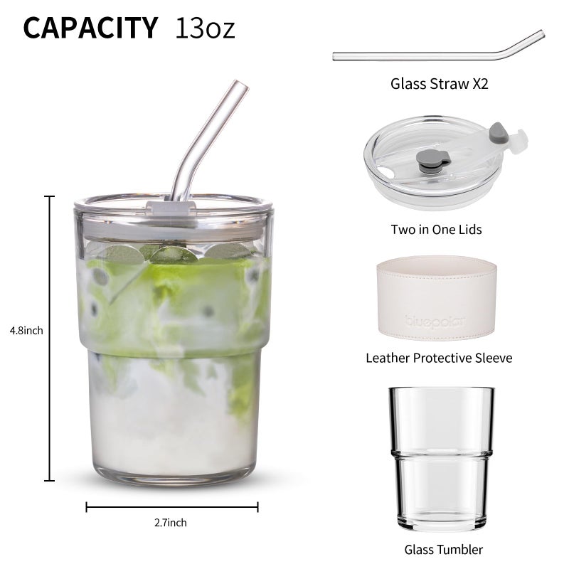 BLUEPOLAR 13 oz Tumbler Water Glass, Water Bottle with Straw and Dustproof Lid, Coffee Ice Cup Double Wall Insulated Glass Cup (White with Protect Sleeve) - Image 3