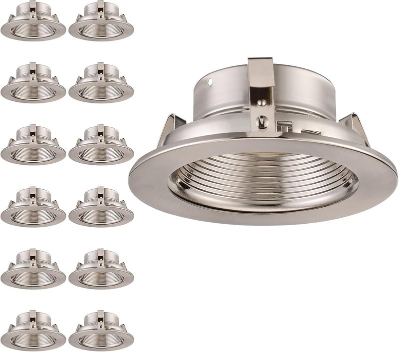 TORCHSTAR 12-Pack 4 Inch Stylish Decor Recessed Light Trim, Metal Can Light Trim, Step Baffle with Ring, Fit Halo/Juno Remodel Recessed Housing, 4 Inch Trim for PAR16, PAR20, BR20, Satin Nickel - Image 1