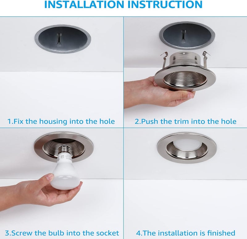 TORCHSTAR 12-Pack 4 Inch Stylish Decor Recessed Light Trim, Metal Can Light Trim, Step Baffle with Ring, Fit Halo/Juno Remodel Recessed Housing, 4 Inch Trim for PAR16, PAR20, BR20, Satin Nickel - Image 5