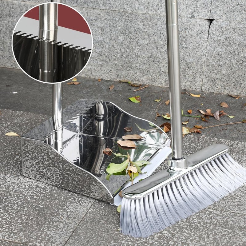 MuLing Metal Dustpan with Broom Set, Long Handle Stainless Steel Dustpan,Heavy Duty Standing Dust Pan with Teeth, Indoor Outdoor Up for Home Kitchen Lobby Room Office - Image 3