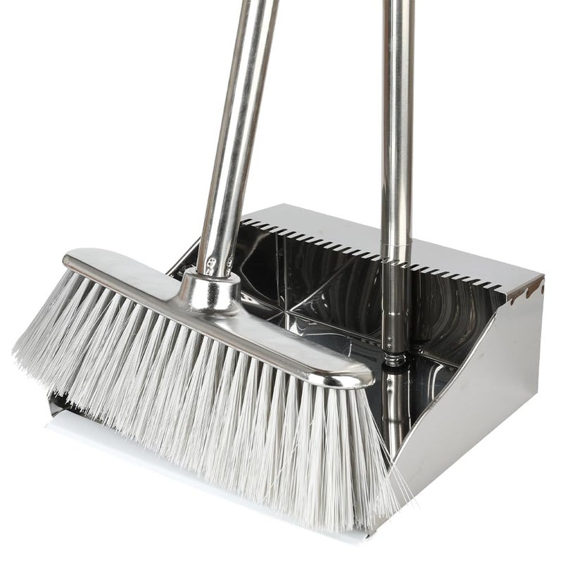 MuLing Metal Dustpan with Broom Set, Long Handle Stainless Steel Dustpan,Heavy Duty Standing Dust Pan with Teeth, Indoor Outdoor Up for Home Kitchen Lobby Room Office - Image 1