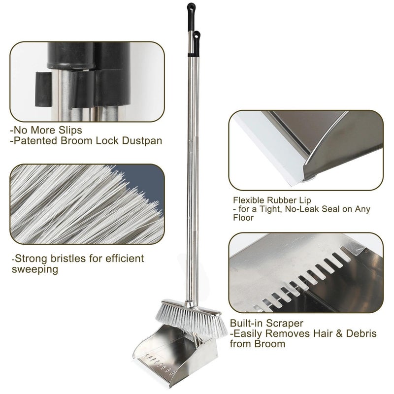 MuLing Metal Dustpan with Broom Set, Long Handle Stainless Steel Dustpan,Heavy Duty Standing Dust Pan with Teeth, Indoor Outdoor Up for Home Kitchen Lobby Room Office - Image 4