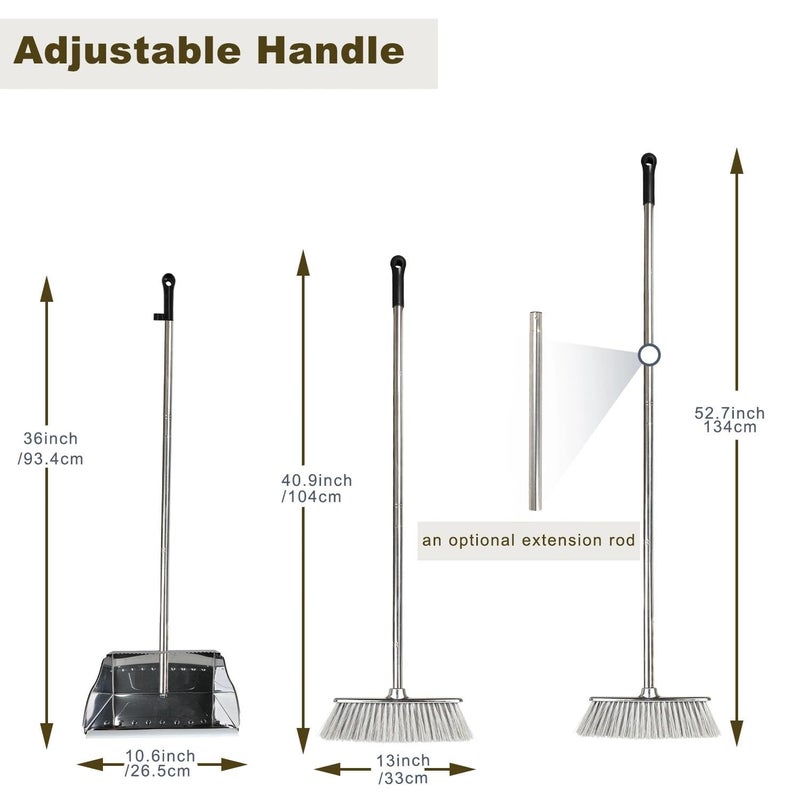 MuLing Metal Dustpan with Broom Set, Long Handle Stainless Steel Dustpan,Heavy Duty Standing Dust Pan with Teeth, Indoor Outdoor Up for Home Kitchen Lobby Room Office - Image 2