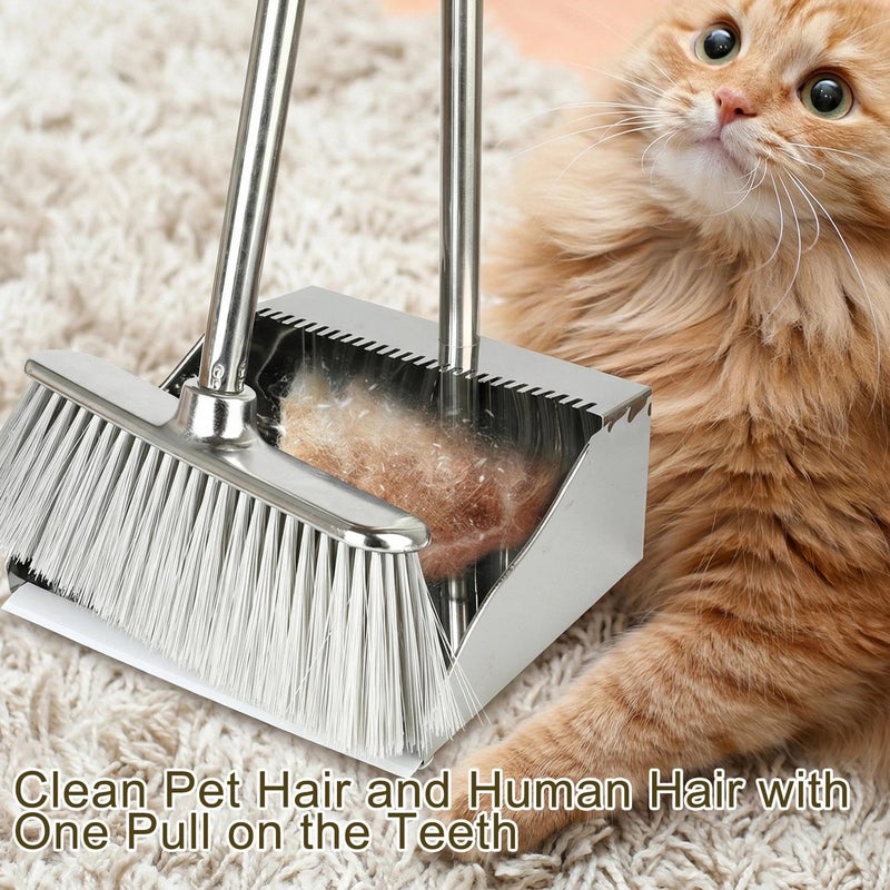 MuLing Metal Dustpan with Broom Set, Long Handle Stainless Steel Dustpan,Heavy Duty Standing Dust Pan with Teeth, Indoor Outdoor Up for Home Kitchen Lobby Room Office - Image 5