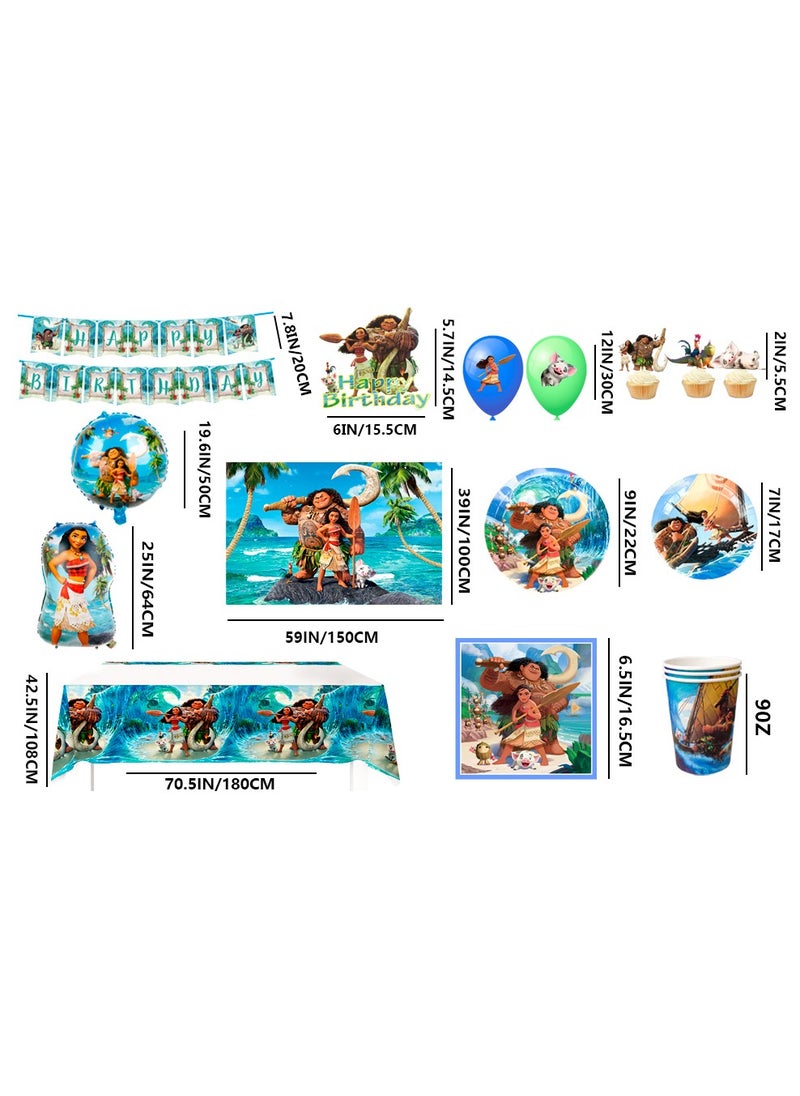 FRUITFUL PARTY Cartoon Moana Birthday Party Decoration, 115 pcs Moana Party Decorations and Tableware Set - Moana Birthday Party Supplies, Moana Plates and Napkins Cups Table Cloth Banner Backdrop Balloons etc for Girls/Boys Kids  - Image 3