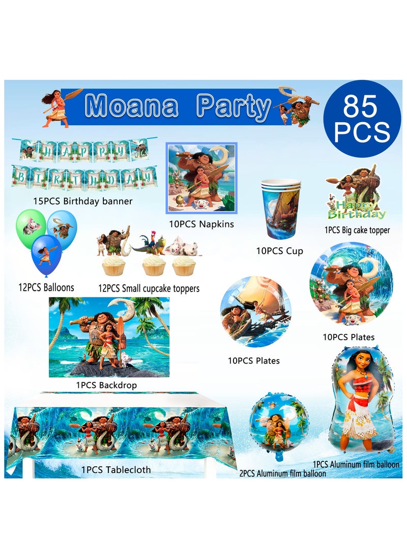 FRUITFUL PARTY Cartoon Moana Birthday Party Decoration, 115 pcs Moana Party Decorations and Tableware Set - Moana Birthday Party Supplies, Moana Plates and Napkins Cups Table Cloth Banner Backdrop Balloons etc for Girls/Boys Kids  - Image 2