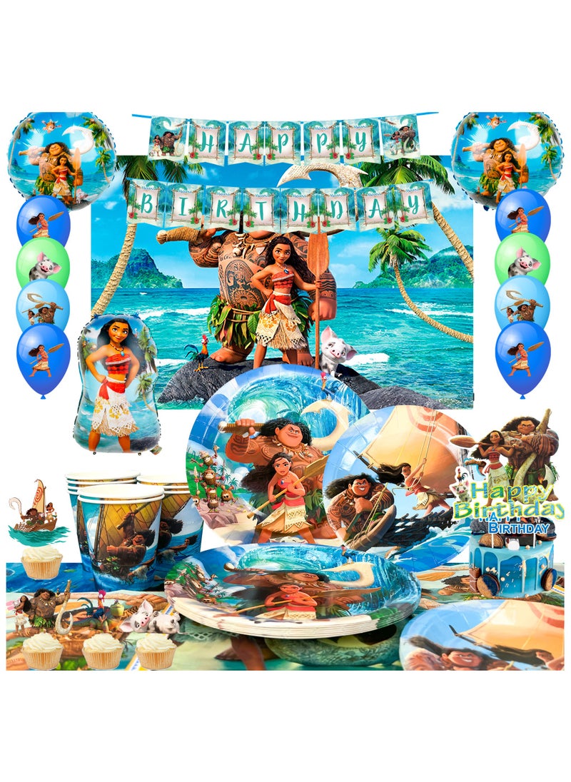FRUITFUL PARTY Cartoon Moana Birthday Party Decoration, 115 pcs Moana Party Decorations and Tableware Set - Moana Birthday Party Supplies, Moana Plates and Napkins Cups Table Cloth Banner Backdrop Balloons etc for Girls/Boys Kids  - Image 1
