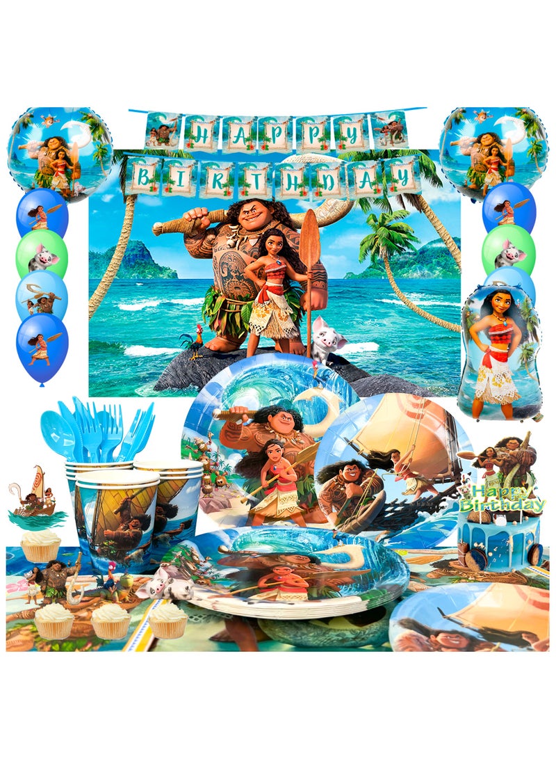 FRUITFUL PARTY Moana Birthday Party Decorations, 115 pcs Moana Party Tableware Set - Moana Plates and Napkins Cups Table Cloth Banner Backdrop Balloons Moana Birthday Party Supplies - Image 1