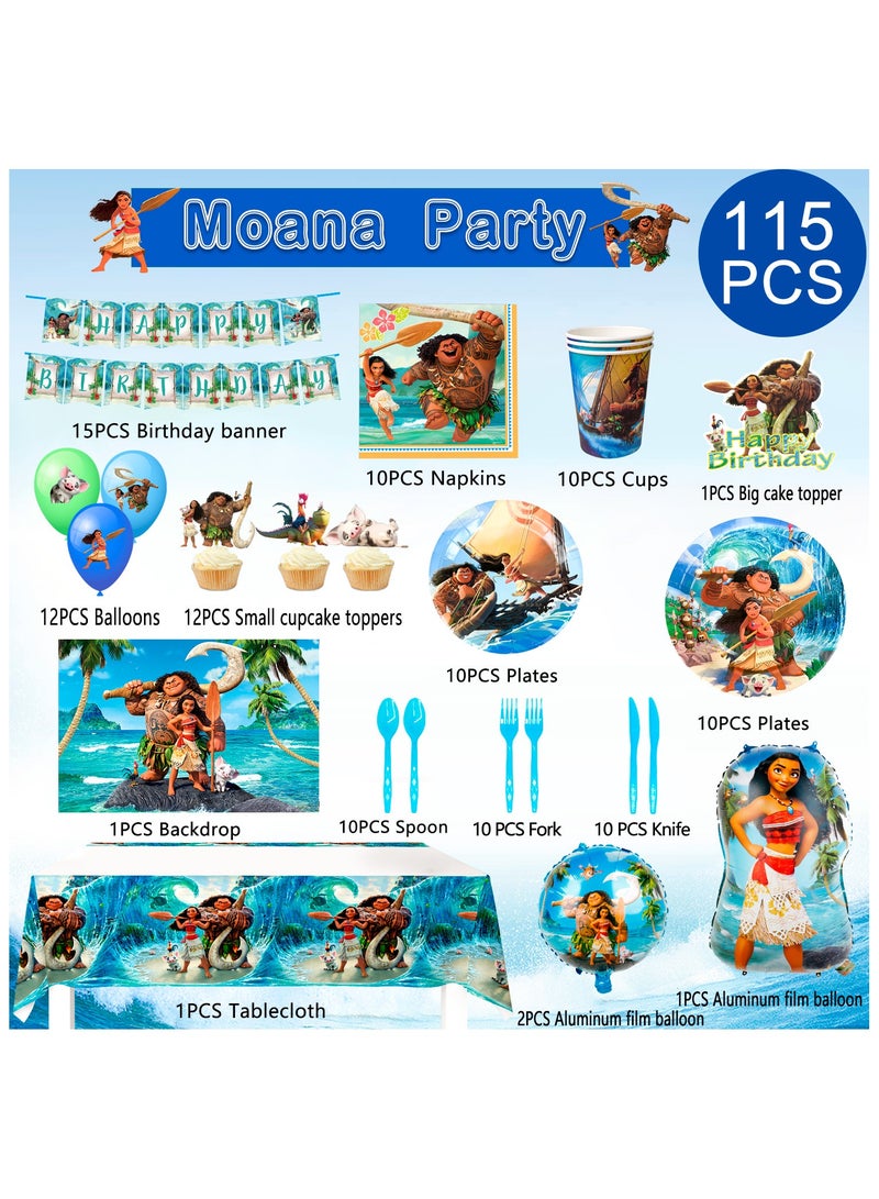 FRUITFUL PARTY Moana Birthday Party Decorations, 115 pcs Moana Party Tableware Set - Moana Plates and Napkins Cups Table Cloth Banner Backdrop Balloons Moana Birthday Party Supplies - Image 2