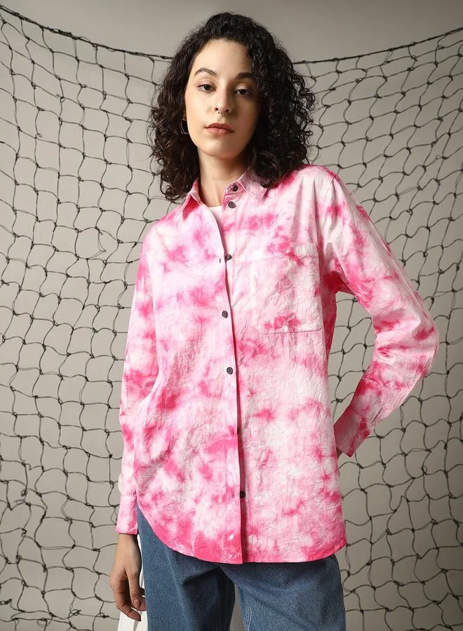 هوبرهولمي قميص نسائي قطن فضفاض بياقة عريضة مصبوغ كاجوال