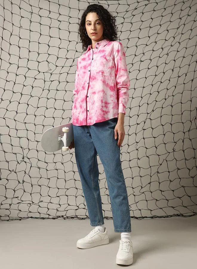 هوبرهولمي قميص نسائي قطن فضفاض بياقة عريضة مصبوغ كاجوال