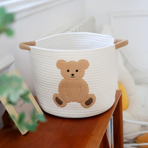 INough Cotton Rope Basket Toy Storage Baskets for kids Laundry Hamper Gift Basket Empty Baby Shower Baskets with Handles Cute Bins Blanket Stuffed Animal Storage for Nursery Living Room Decor Bear - Image 3