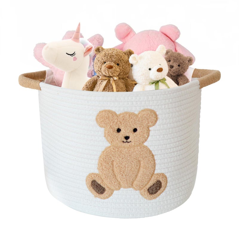 INough Cotton Rope Basket Toy Storage Baskets for kids Laundry Hamper Gift Basket Empty Baby Shower Baskets with Handles Cute Bins Blanket Stuffed Animal Storage for Nursery Living Room Decor Bear - Image 2