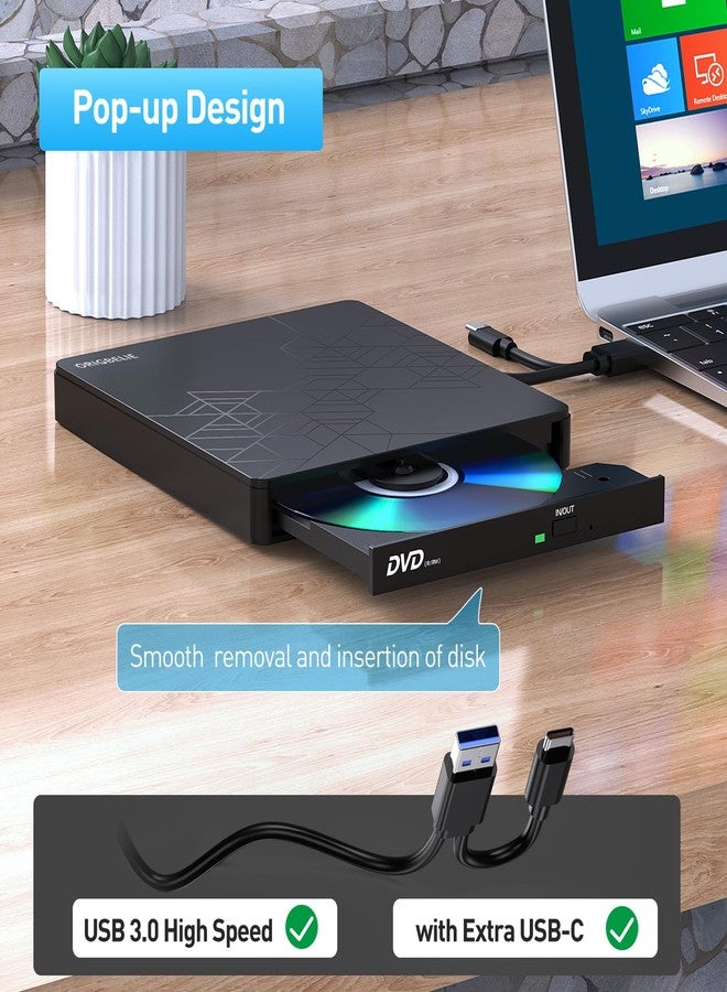 ORIGBELIE External CD DVD Drive, CD Burner USB 3.0 with 2 USB Ports and 2 TF/SD Card Slots, Optical Disk Drive for Laptop Mac, PC Windows 11/10/8/7 Linux OS with Carrying Case - Image 3