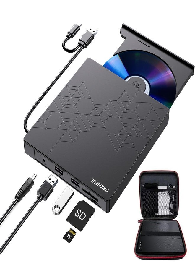 ORIGBELIE External CD DVD Drive, CD Burner USB 3.0 with 2 USB Ports and 2 TF/SD Card Slots, Optical Disk Drive for Laptop Mac, PC Windows 11/10/8/7 Linux OS with Carrying Case - Image 1