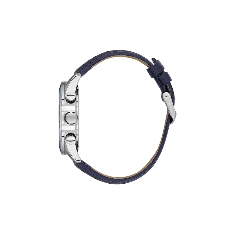 DANIEL KLEIN Men's Leather Silver Alloy Case Analog Dark Blue Round Sunray Dial Japanese Quartz Exclusive 50 Meters Water Resistant