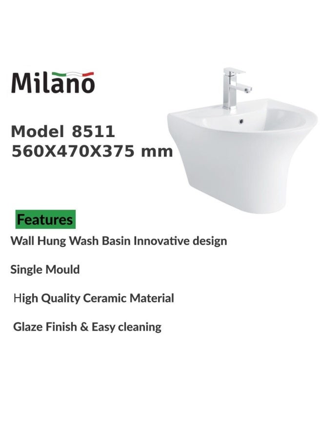 DANUBE HOME Milano Wall Hung Wash Basin Single Mould 8511 - 565x470X380mm- White Round - Image 2