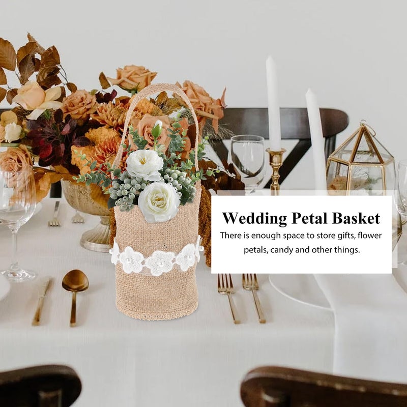 سلة بتلات الزهور من الكتان والخيش مع مقبض ديكور حفل الزفاف الريفي علبتين - Image 5