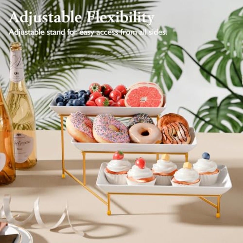 3 Tier Plastic Serving Tray for Party Platters for Serving Food Microwave-Safe White Reusable Trays with Metal Display Stand for Cupcakes Dessert Fruit Cookie - Image 4
