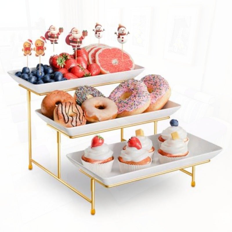 3 Tier Plastic Serving Tray for Party Platters for Serving Food Microwave-Safe White Reusable Trays with Metal Display Stand for Cupcakes Dessert Fruit Cookie - Image 1