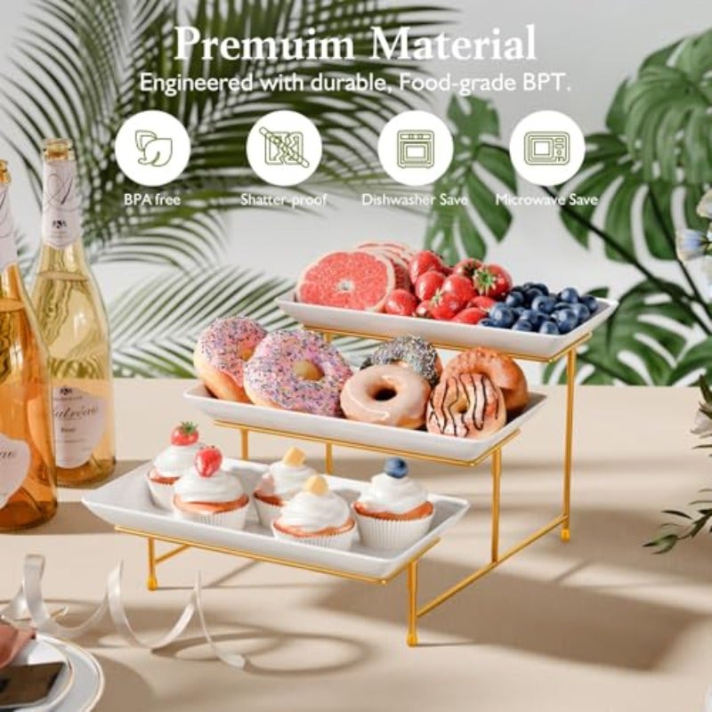 3 Tier Plastic Serving Tray for Party Platters for Serving Food Microwave-Safe White Reusable Trays with Metal Display Stand for Cupcakes Dessert Fruit Cookie - Image 2