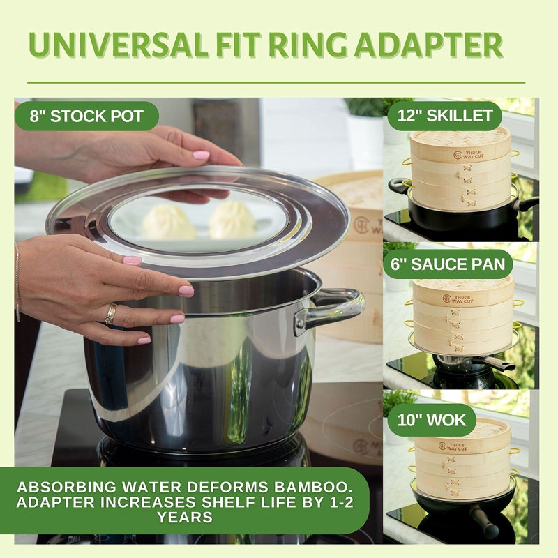 THREE WAY CUT Dumpling Bamboo Steamer 10 Inch 2 Tier Wooden Basket With Handle, Ring Adapter, Reusable Silicone Liner, Kit For Cooking Baby Bao Bun, Dim Sum, Rice Potsticker Steaming Chinese Asian Food & Vegetables - Image 4