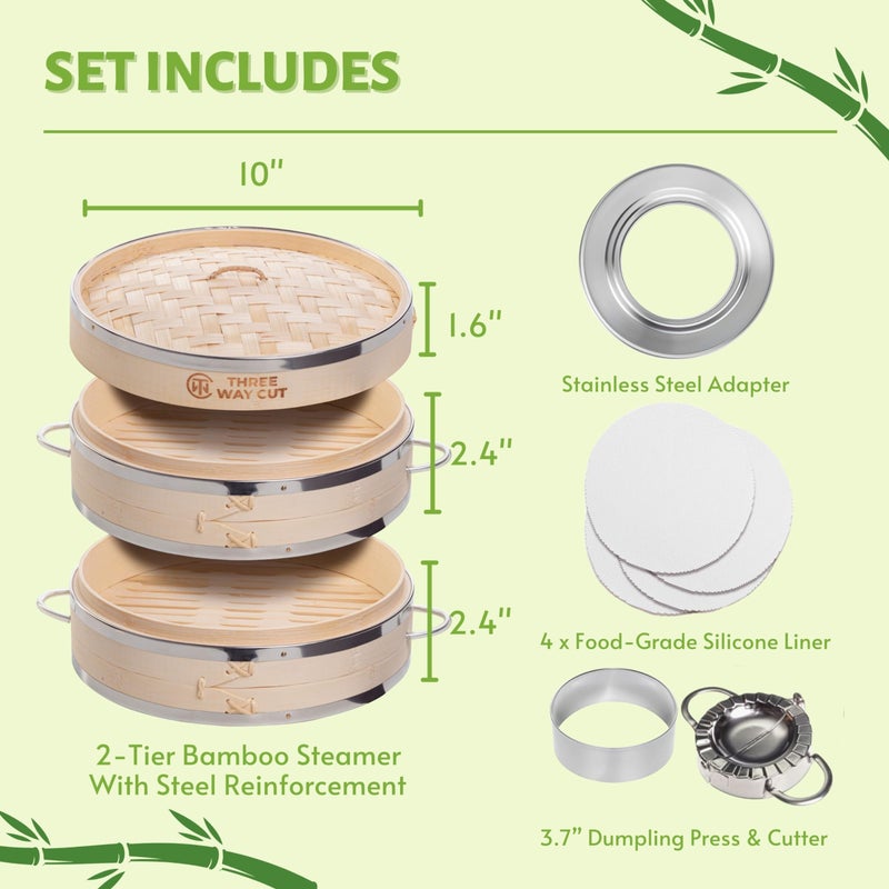 THREE WAY CUT Dumpling Bamboo Steamer 10 Inch 2 Tier Wooden Basket With Handle, Ring Adapter, Reusable Silicone Liner, Kit For Cooking Baby Bao Bun, Dim Sum, Rice Potsticker Steaming Chinese Asian Food & Vegetables - Image 2