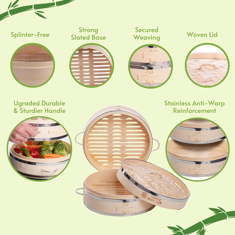 THREE WAY CUT Dumpling Bamboo Steamer 10 Inch 2 Tier Wooden Basket With Handle, Ring Adapter, Reusable Silicone Liner, Kit For Cooking Baby Bao Bun, Dim Sum, Rice Potsticker Steaming Chinese Asian Food & Vegetables - Image 3