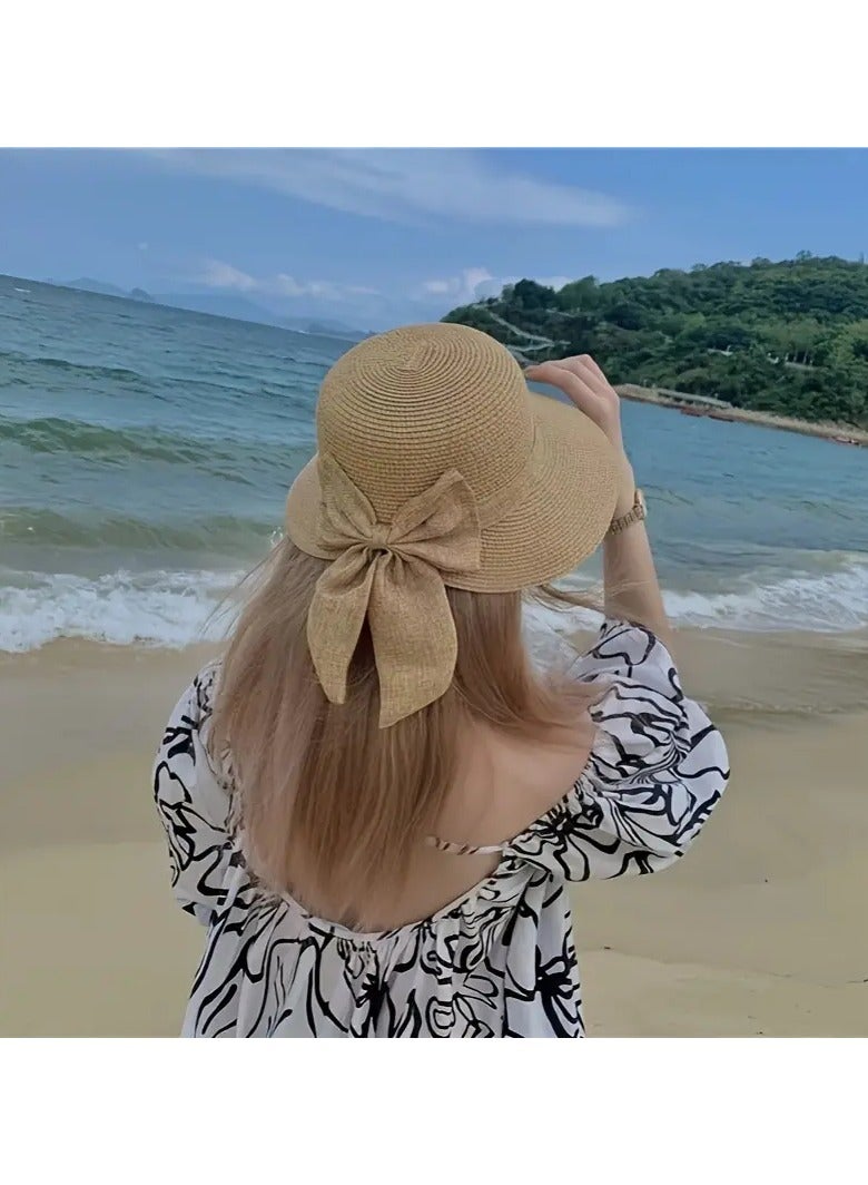 Goolsky قبعة حوض قش جديدة لربيع وصيف، مزينة بقوس، حماية من الشمس بحافة عريضة، قبعة صيفية لقضاء العطلات، قبعة صياد - Image 1