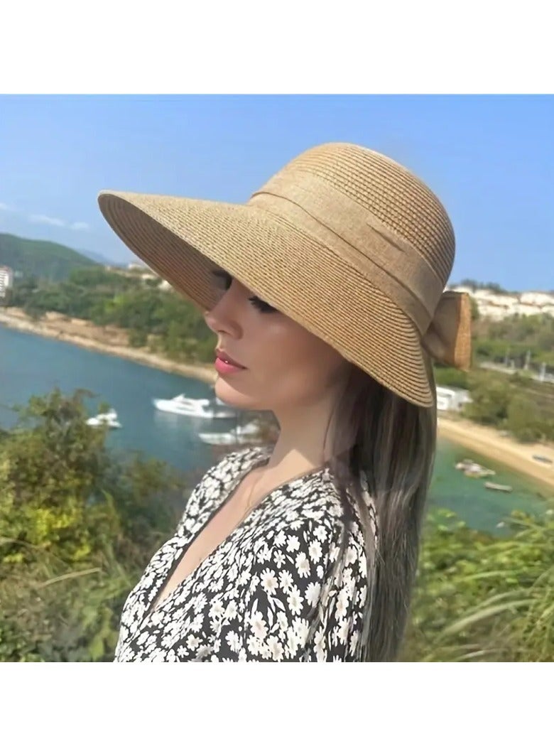 Goolsky قبعة حوض قش جديدة لربيع وصيف، مزينة بقوس، حماية من الشمس بحافة عريضة، قبعة صيفية لقضاء العطلات، قبعة صياد - Image 2