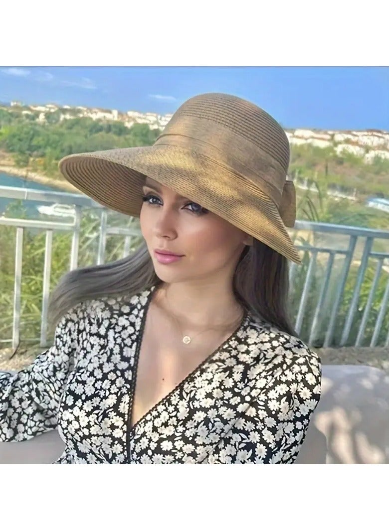 Goolsky قبعة حوض قش جديدة لربيع وصيف، مزينة بقوس، حماية من الشمس بحافة عريضة، قبعة صيفية لقضاء العطلات، قبعة صياد - Image 5