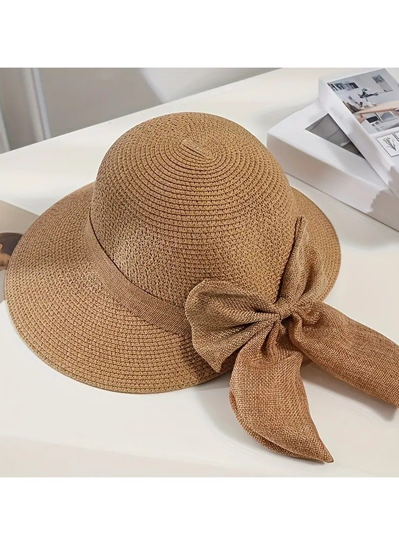 Goolsky قبعة حوض قش جديدة لربيع وصيف، مزينة بقوس، حماية من الشمس بحافة عريضة، قبعة صيفية لقضاء العطلات، قبعة صياد - Image 3