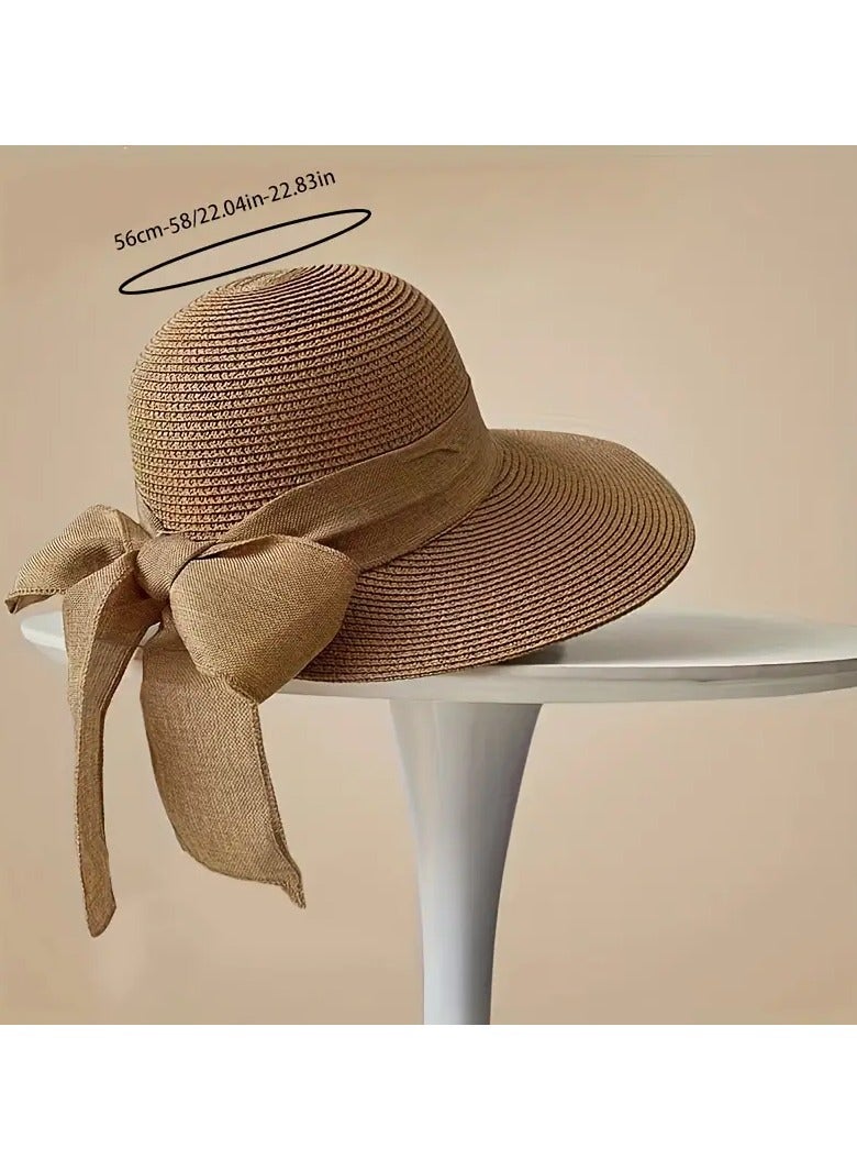 Goolsky قبعة حوض قش جديدة لربيع وصيف، مزينة بقوس، حماية من الشمس بحافة عريضة، قبعة صيفية لقضاء العطلات، قبعة صياد - Image 4